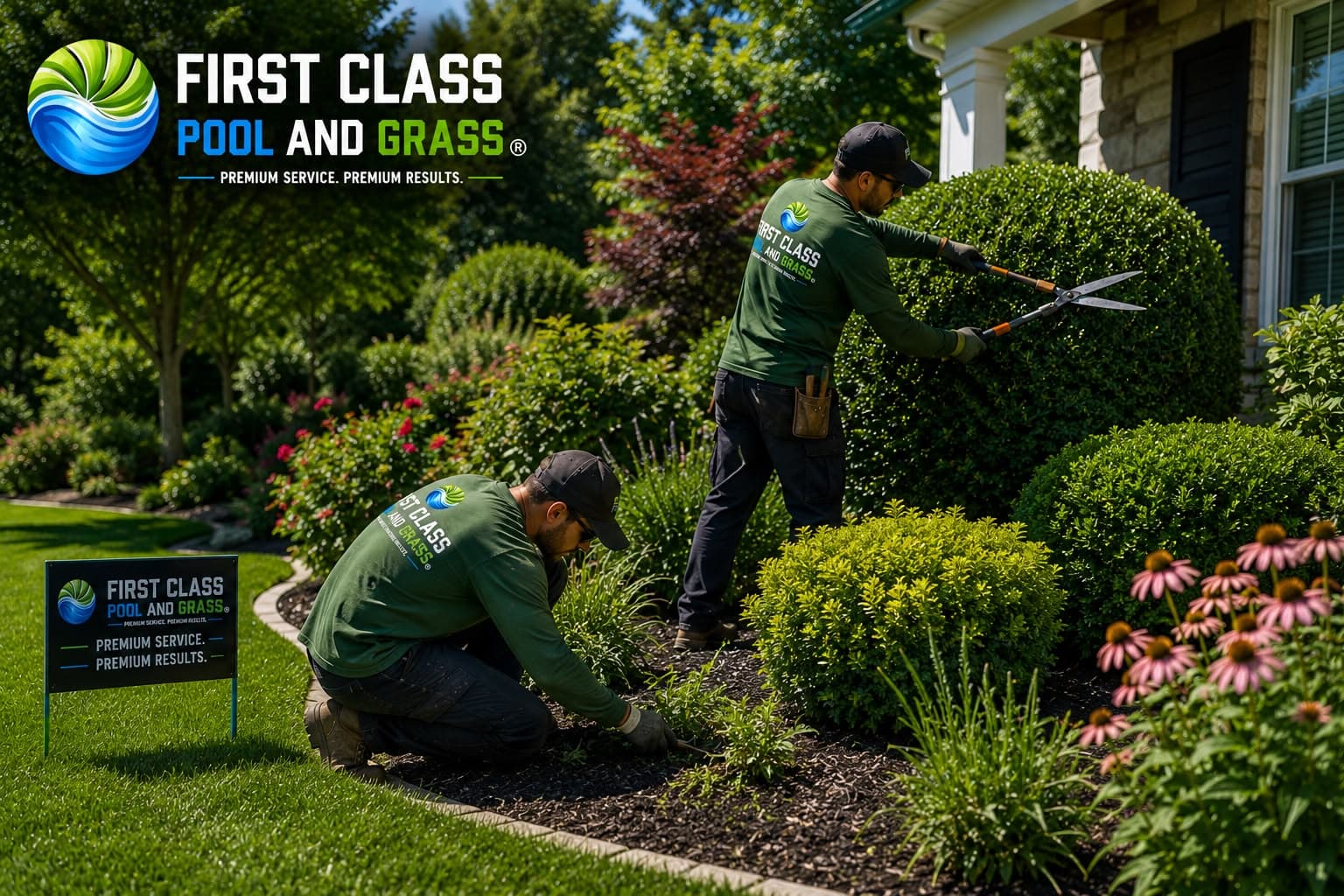 Crew trimming hedges and bushes along a property line