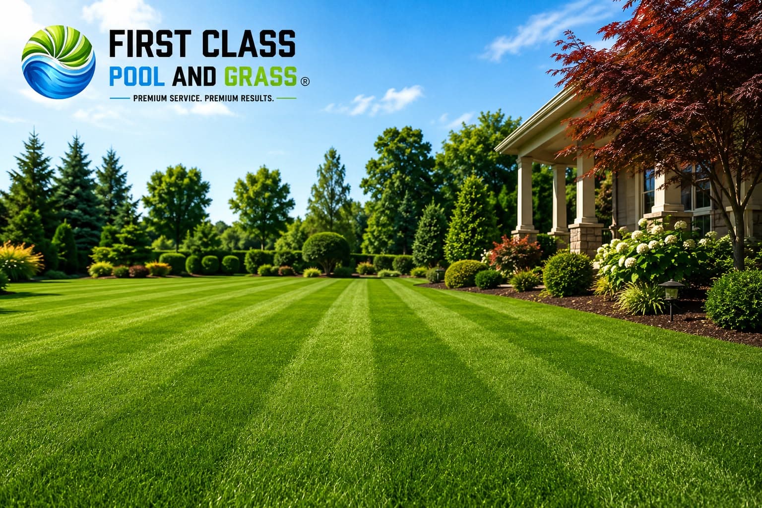 Open, well-maintained landscaped lawn